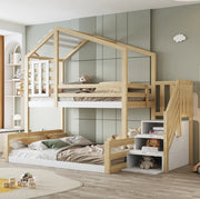 Letto a castello con scala contenitore e finestra 90x200/140x200 cm legno di pino e MDF naturale