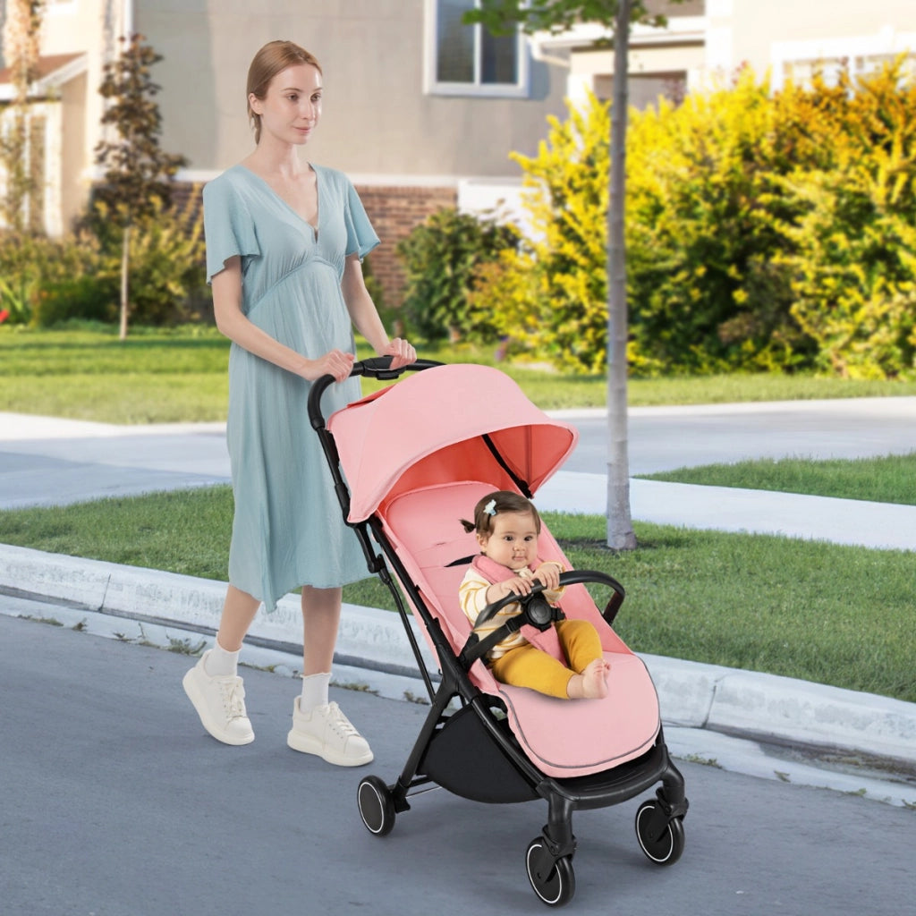 Passeggino leggero per bambini piegatura con una mano, Passeggino portatile con schienale reclinabile Rosa