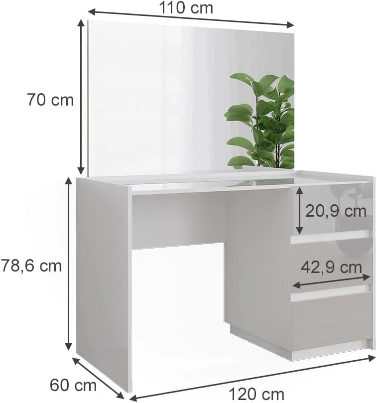 Vicco Tavolo da toilette Marla, Bianco lucido, 120 cm con 3 cassetti e specchio
