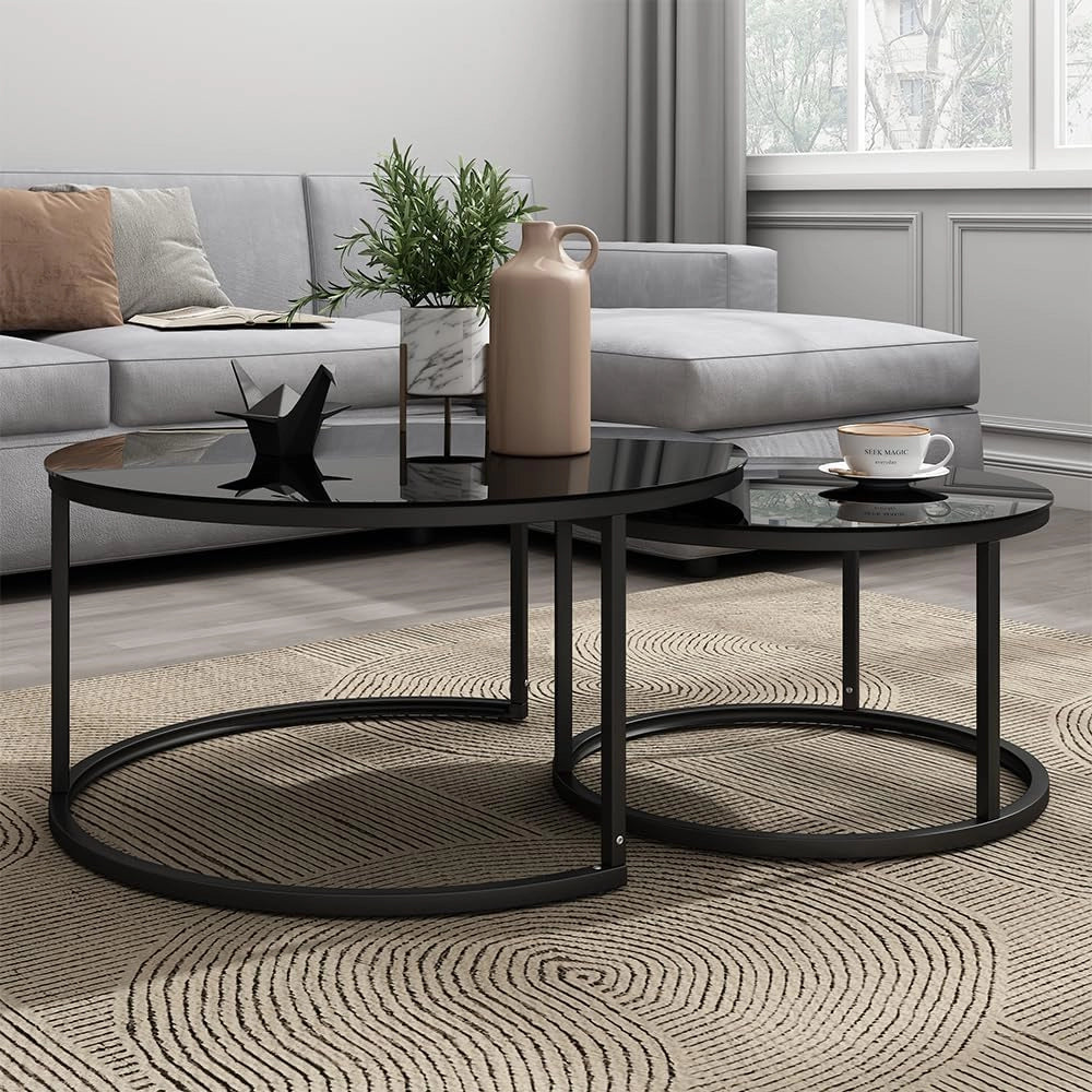 Set di tavolini Montreal, Nero lucido, 77 x 77 cm 2 parti, salvaspazio, pieghevole e combinabile in modo versatile