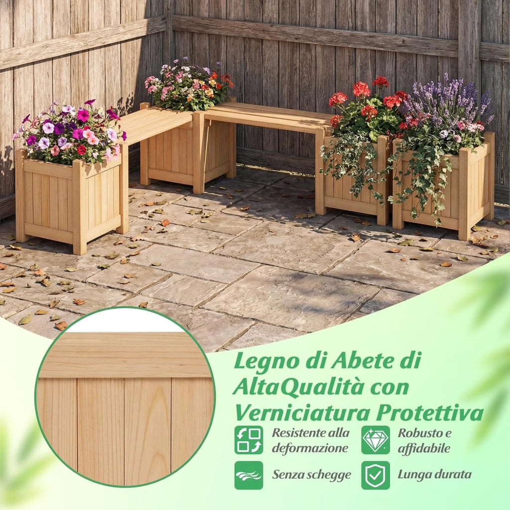 Fioriere da Esterno con Panchina, Letto Rialzato da Giardino in Legno Massello con e Base Aperta, Fioriere Elevate per Patio, Cortile e Veranda (Naturale, 105 x 26,5 x 29,5 cm)