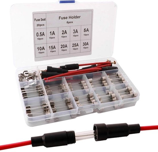 Set di fusibili professionali - 125 pezzi - 6x30mm - Incluso supporto per fusibili - Adatto per autovetture