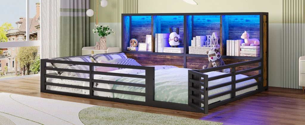 DESMIU Letto bambino 140 × 200 cm con vani laterali, LED e sponda, senza materasso, in MDF e metallo, nero