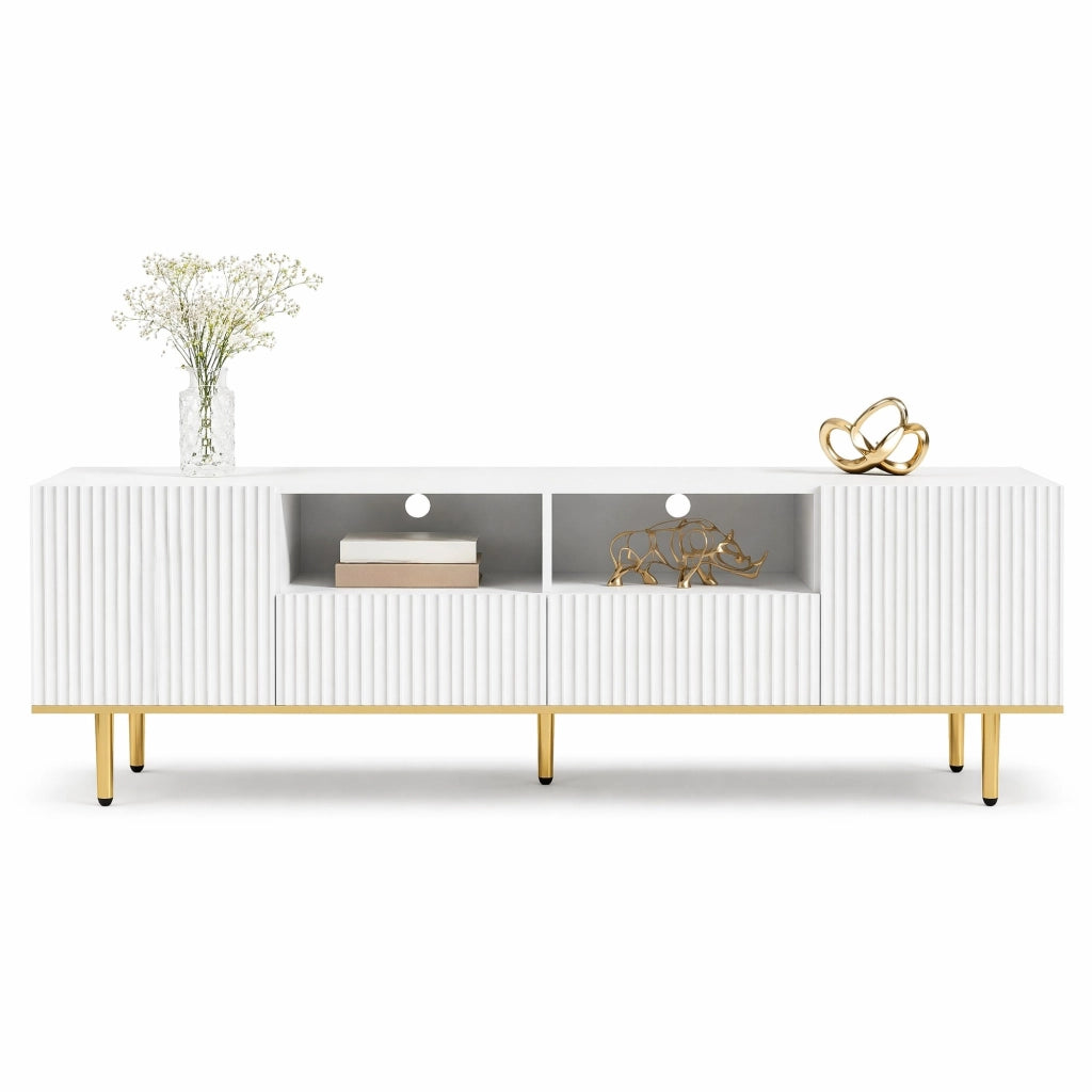 Mobile TV moderno 165 cm con 2 cassetti e 2 vani; dettagli oro; bianco