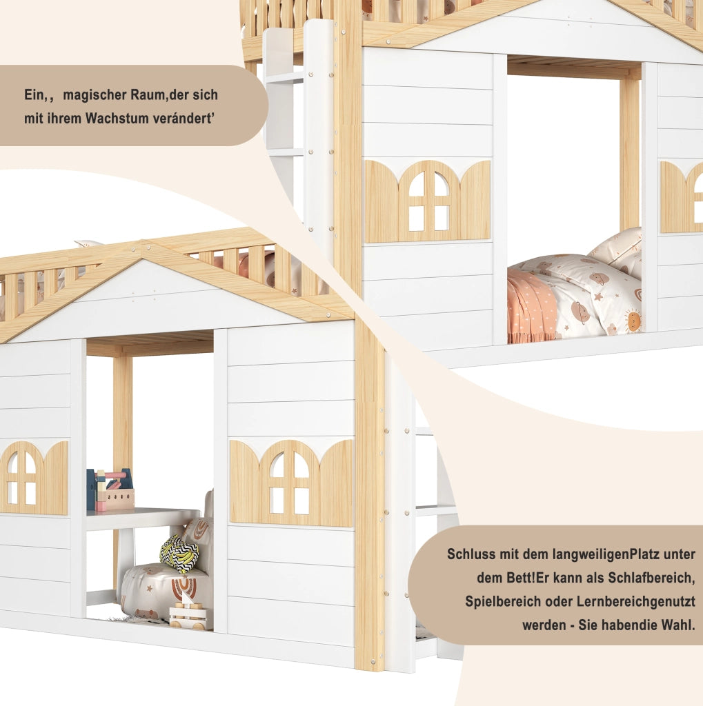 Letto a castello per bambini con finestra e scala reversibile; pino e MDF; bianco 90x200 cm