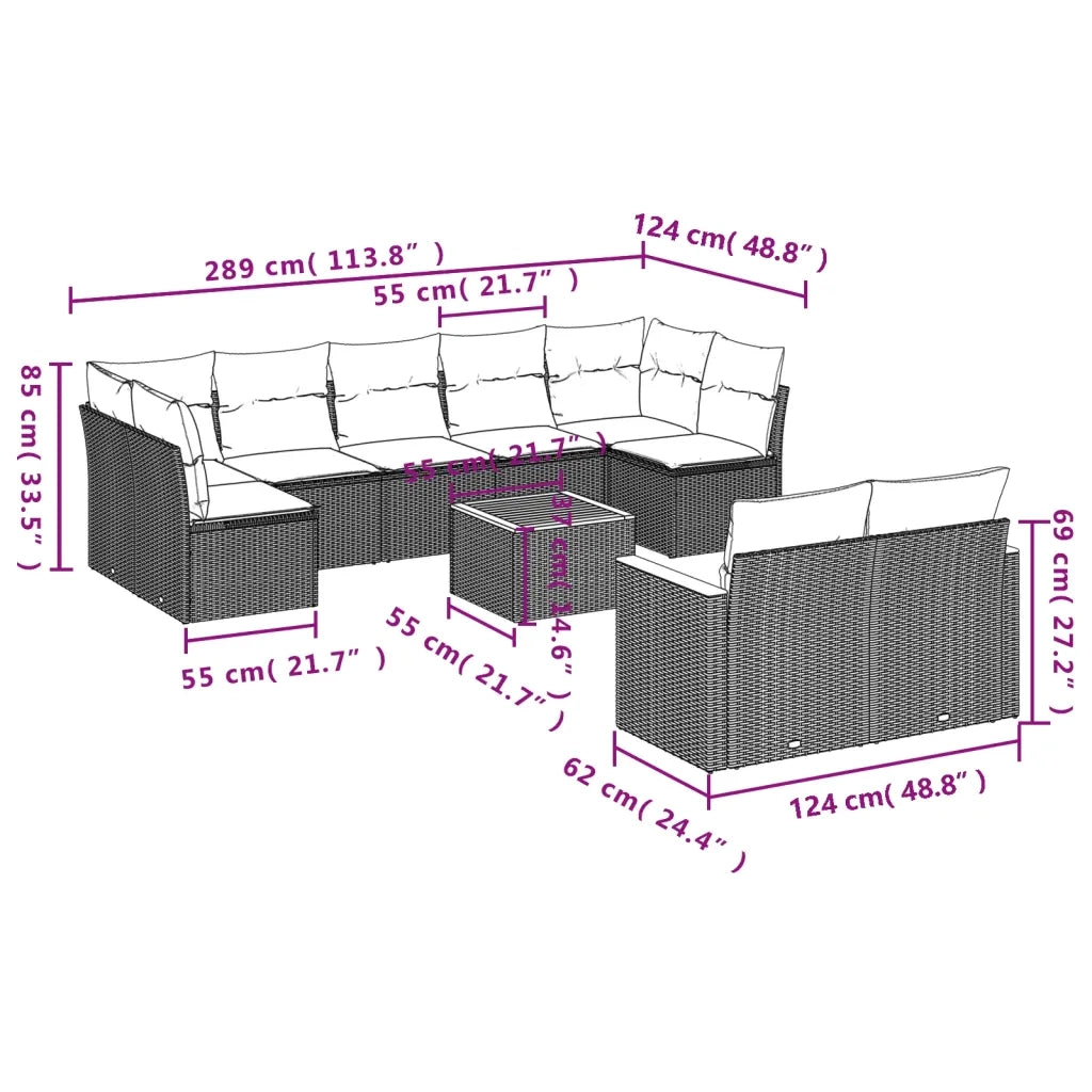 Set Divani da Giardino 10pz con Cuscini in Polyrattan Nero 3226293