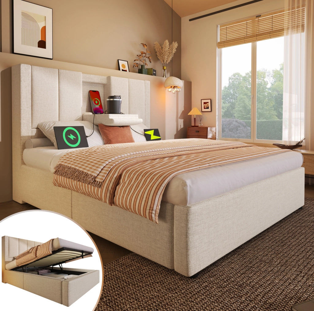 Letto singolo imbottito 90x200 cm con contenitore; stazione di ricarica USB/Type-C e materasso; beige