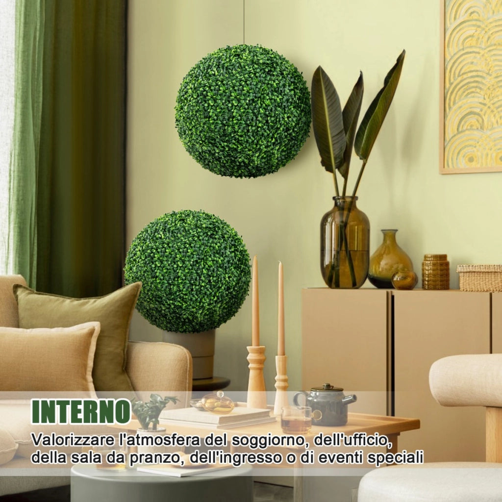Set di 2 sfere topiarie in bosso artificiale da 50cm, Sfere topiarie finte decorative per interno e esterno Verde