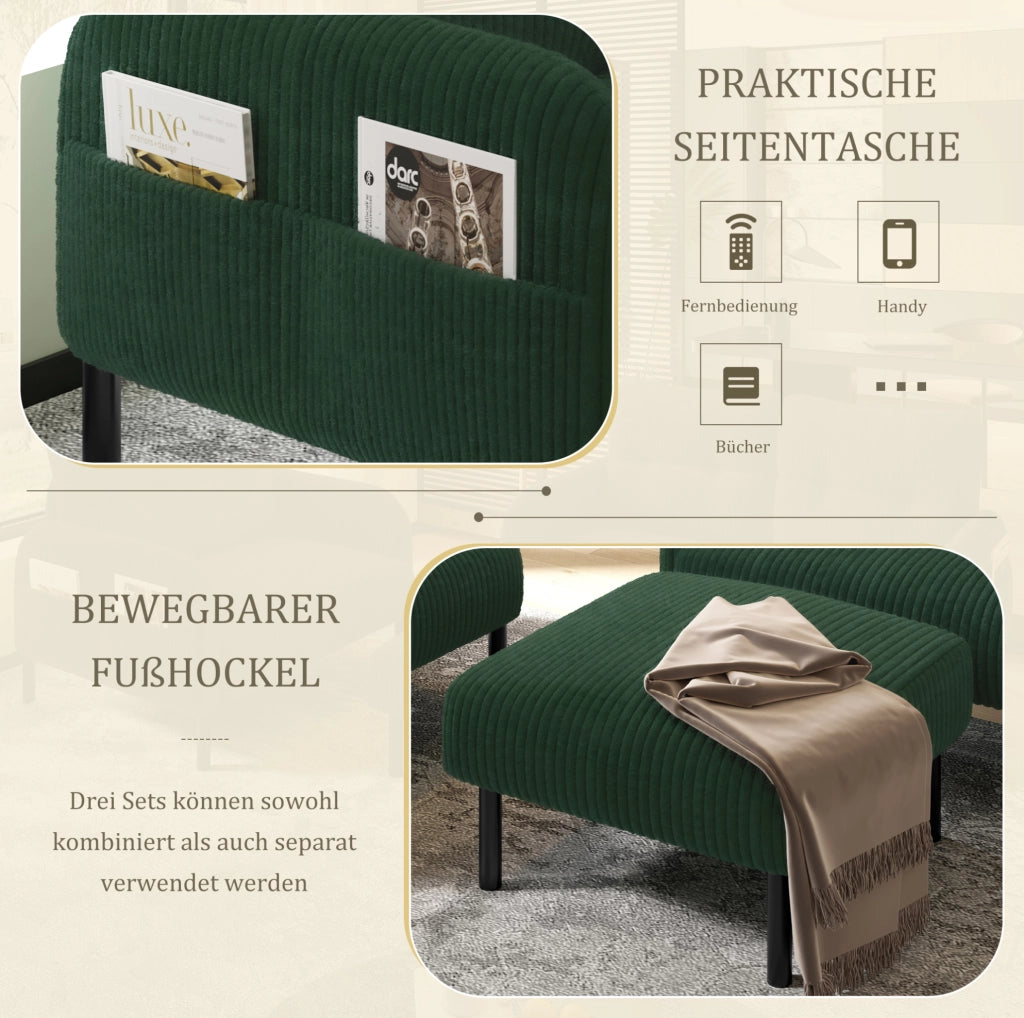 Set salotto 3 pezzi in corduroy verde smeraldo con divano 2 posti; poltrona e pouf