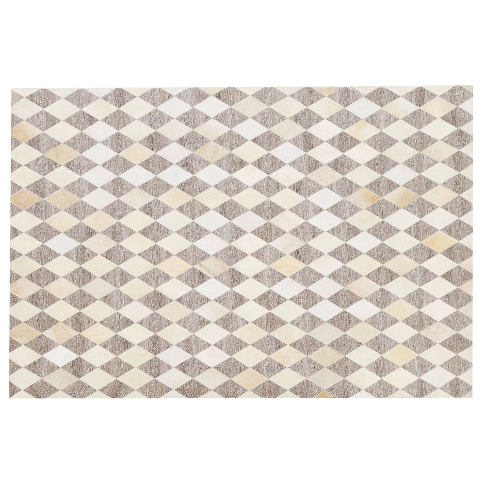 Tappeto tappetino Pelle di vacchetta jacquard marrone e beige Motivo geometrico a rombi Retro 140 x 200 cm