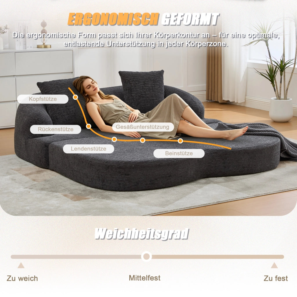 Divano letto a due posti convertibile con due cuscini e schienale ergonomico in chenille grigio scuro