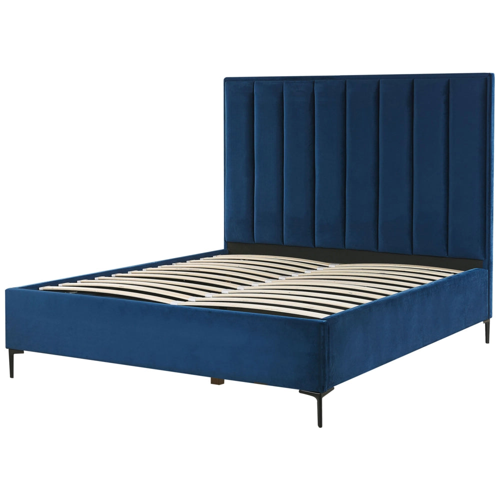 Letto in velluto blu navy matrimoniale 140 x 200 cm con poggiatesta imbottita contenitore ottomana gambe in metallo Nero