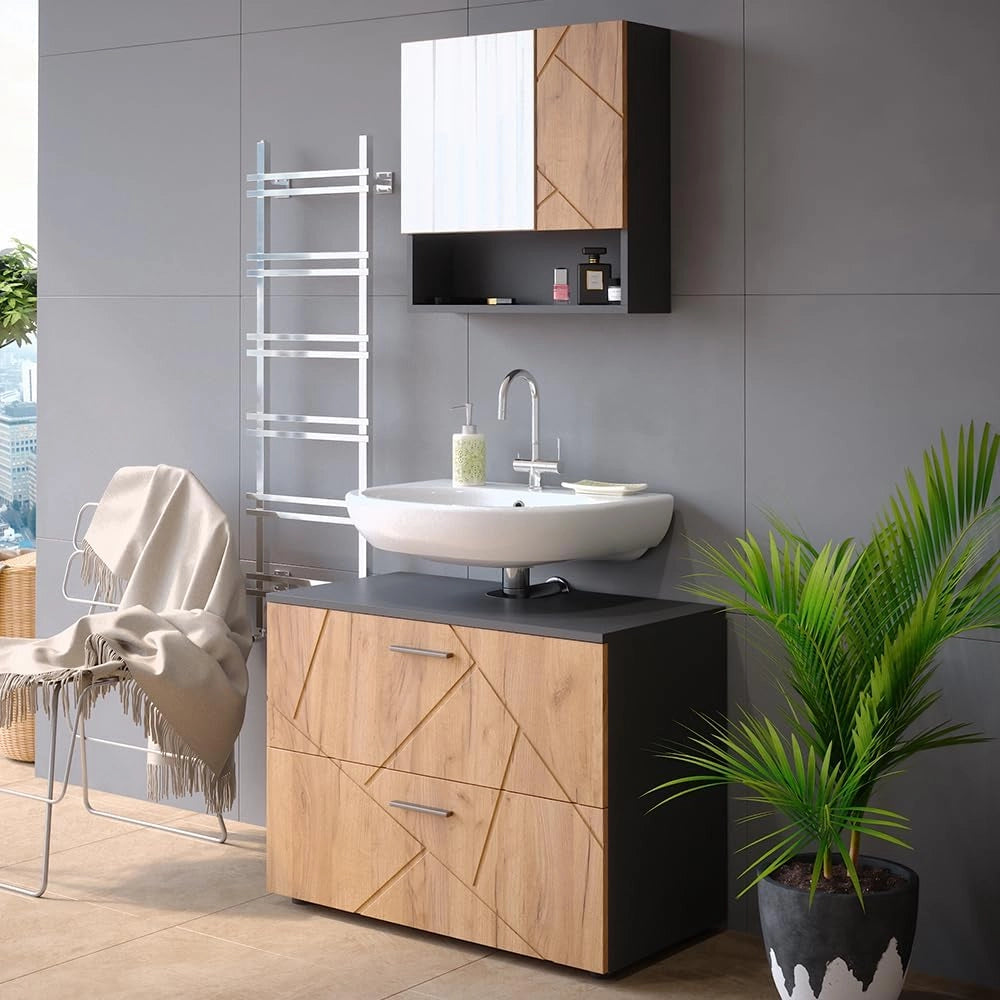 Set mobili bagno Irma, Quercia dorata/antracite, 80 cm, composto da specchio da bagno e mobile sottolavabo
