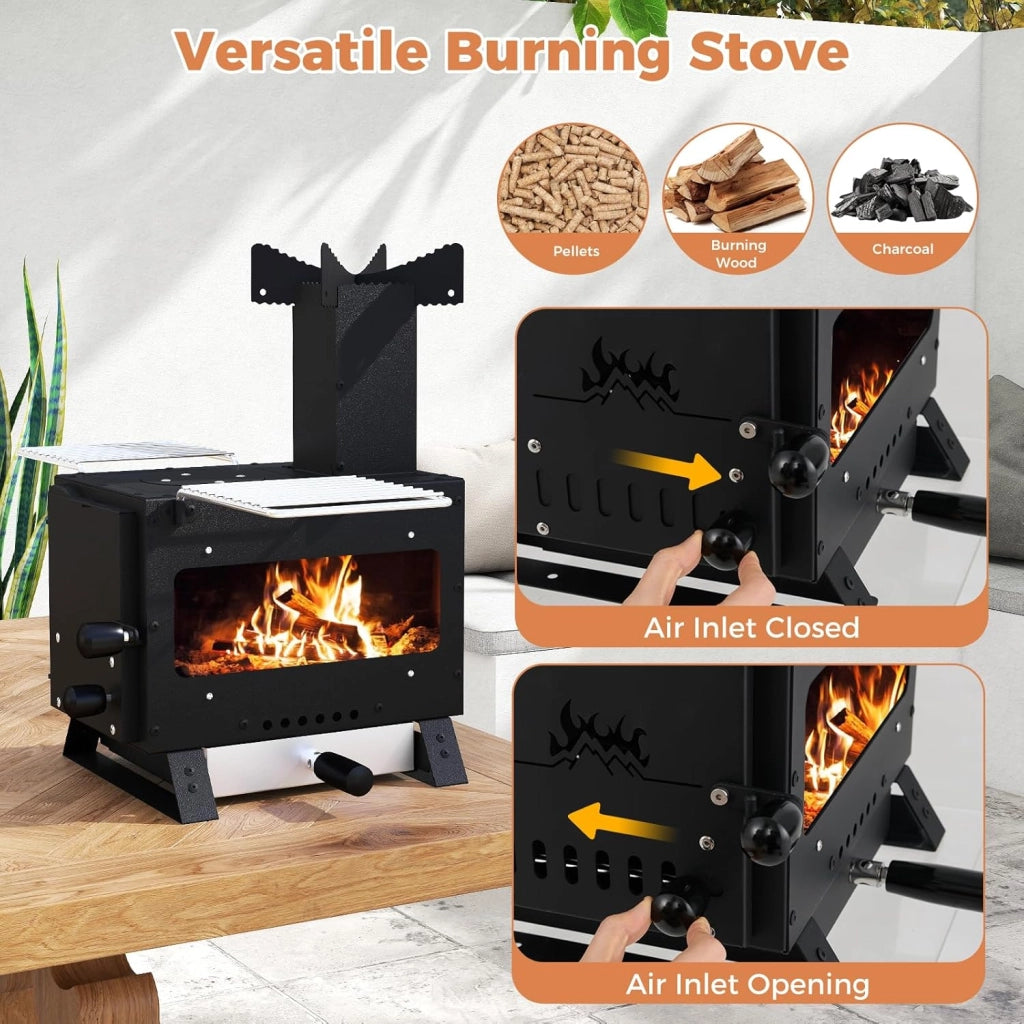 Stufa a legna da tavolo, mini stufa campeggio con griglia pentole, vassoio forno, 2 griglie, forno campeggio finestra vetro barbecue pic-nic