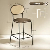 Set di 2 Sgabelli da Cucina con Schienale in Rattan Seduta in PU Struttura in Acciaio e Poggiapiedi Marrone