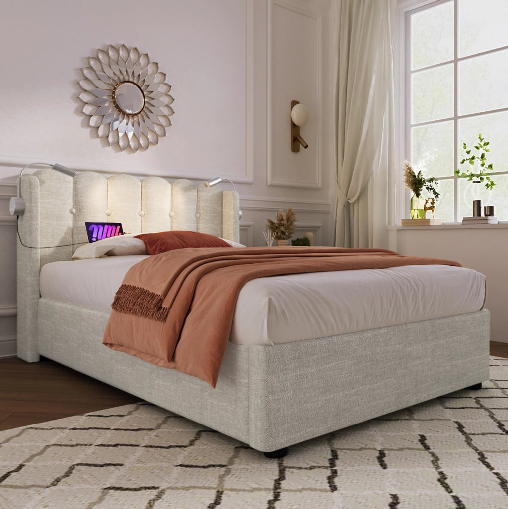 Letto contenitore singolo 90x200 cm con luce da lettura e porta USB; lino naturale