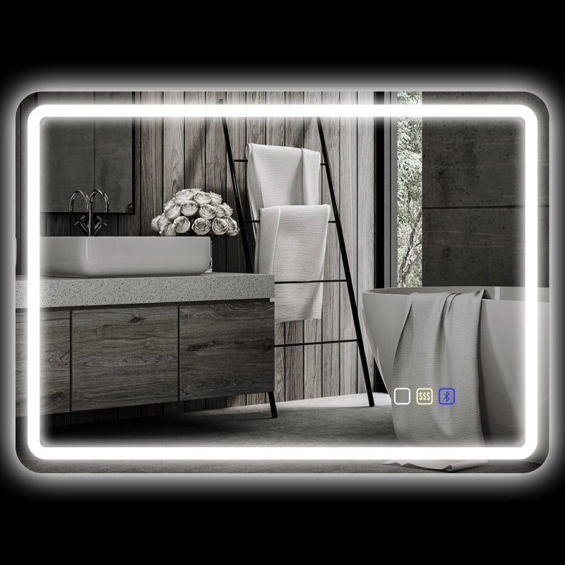 Specchio da bagno LED 50x70 cm con Bluetooth, funzione antiappannamento, touch e memoria, argento