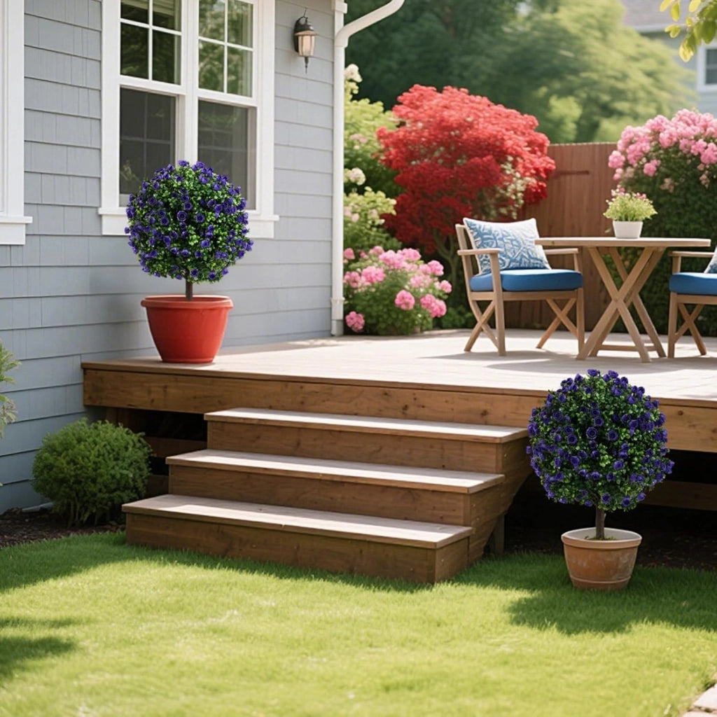 Set di 2 alberi di bosso con rose viola, piante artificiali in vaso con palline di cespugli di bosso, protezione solare, piante ornamentali per ingresso, soggiorno, balcone