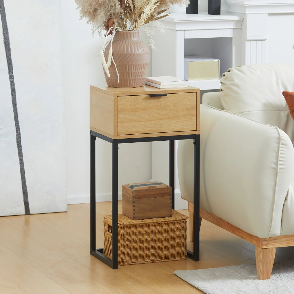 Tavolino da caff¨¨ con cassetto ¨C Zephmum ¨C Naturale Acciaio 40x30x76