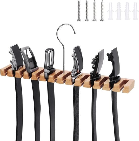Organizzatore di Cinture e Cinturoni con Grilletta Rotativa - Sostegno in Legno da Appendere alla Parete per Armadio, Porta o Muro - 14 Fessure per Accesso Facile