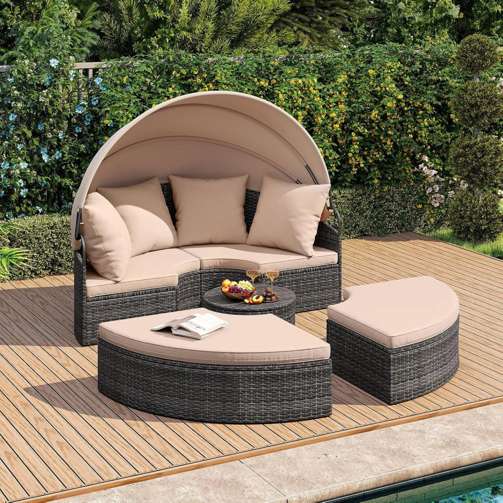 2 in 1 Isola Prendisole per 2 Persone da Giardino, Lettino Prendisole Rotondo in Rattan con Tettuccio Retrattile e Cuscini, Letto da Esterno per Relax e Festa, 172 x 180 x 141 cm (Beige)