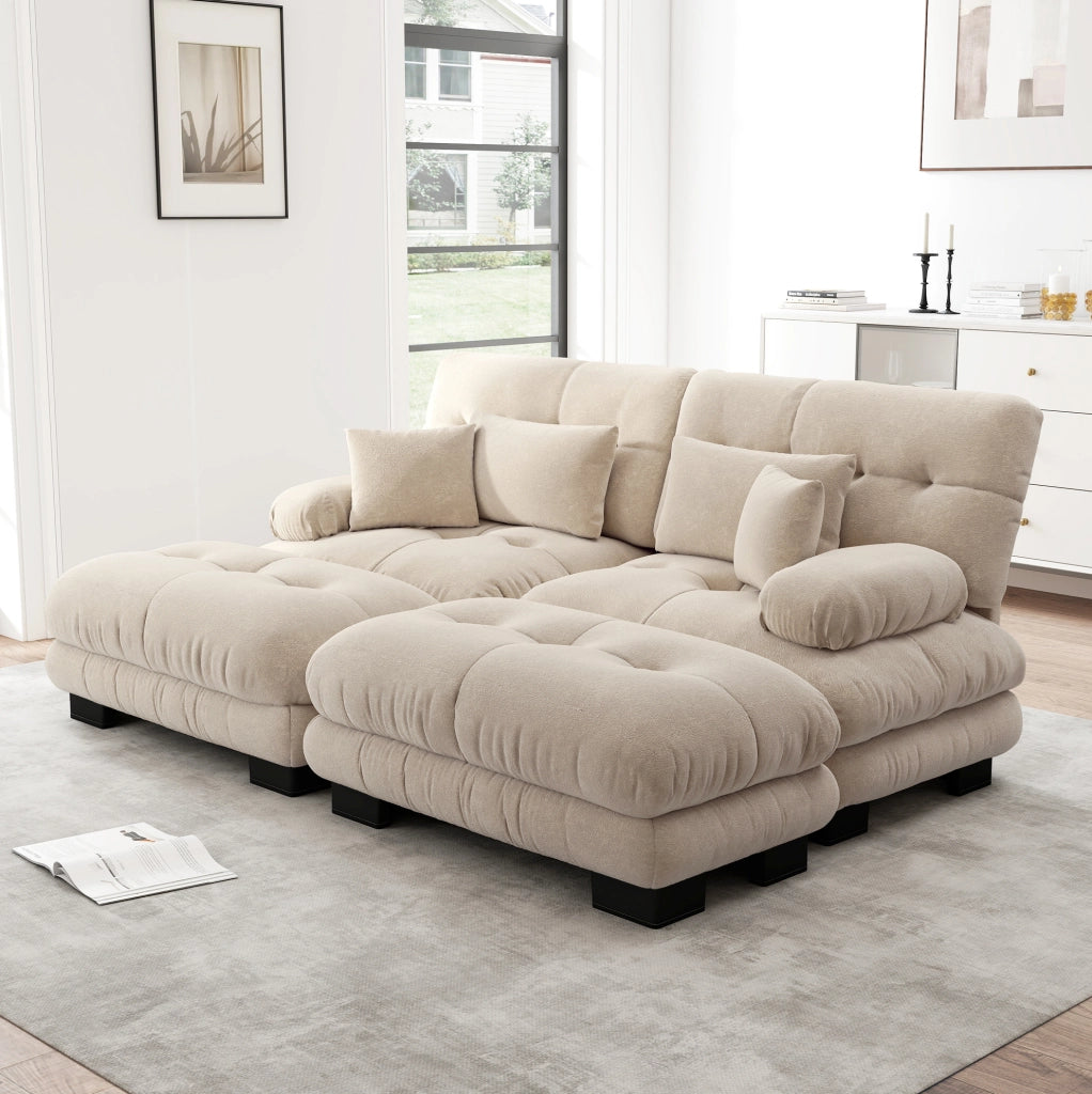 Divano modulare in ciniglia color caffè chiaro con 2 pouf; 2 cuscini lombari e 2 cuscini decorativi
