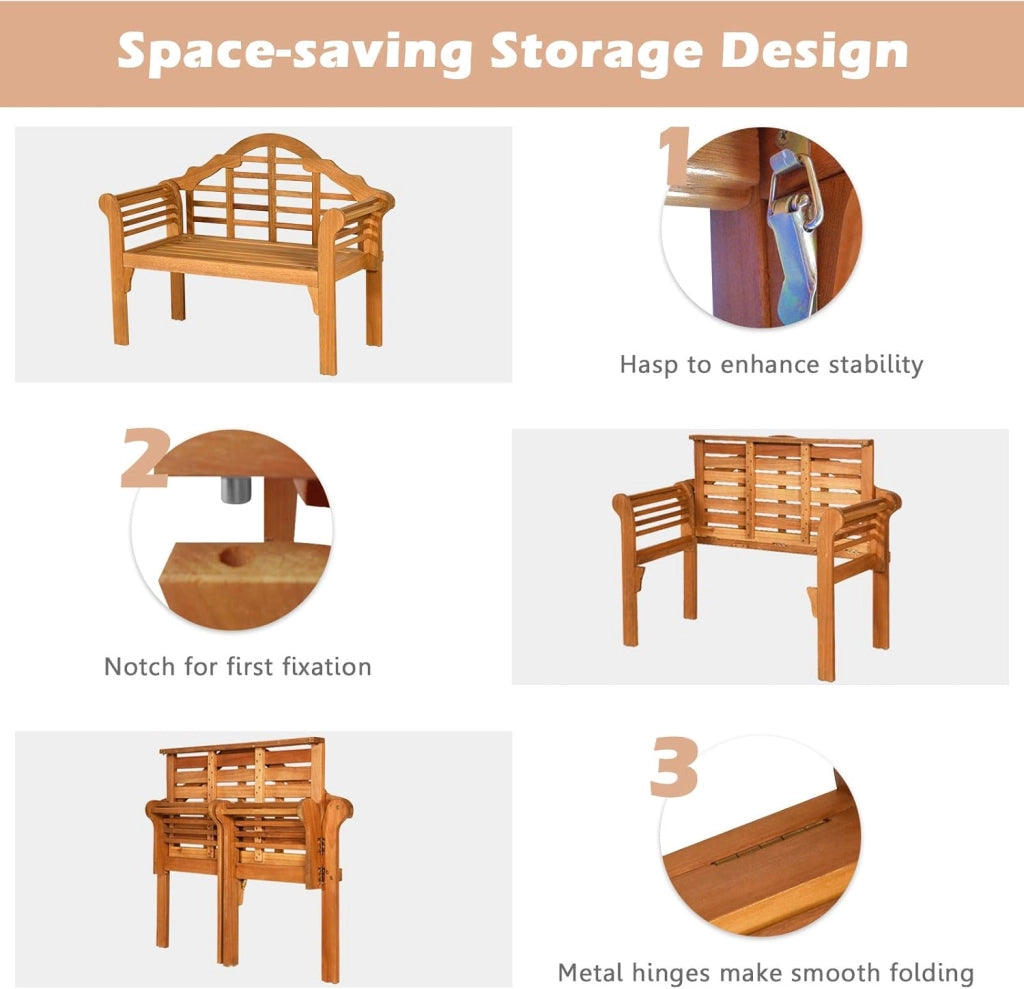 Panca da giardino pieghevole in legno per 2 persone, panca da giardino dal design elegante con schienale inclinato e braccioli ergonomici, panca da esterno di carico 320 kg per giardino