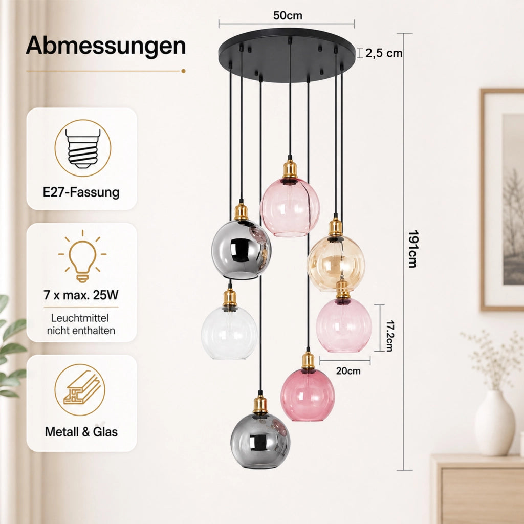 ZMH Lampada a Sospensione 7 Sfere Vetro 190cm per Scala Soggiorno senza lampadine
