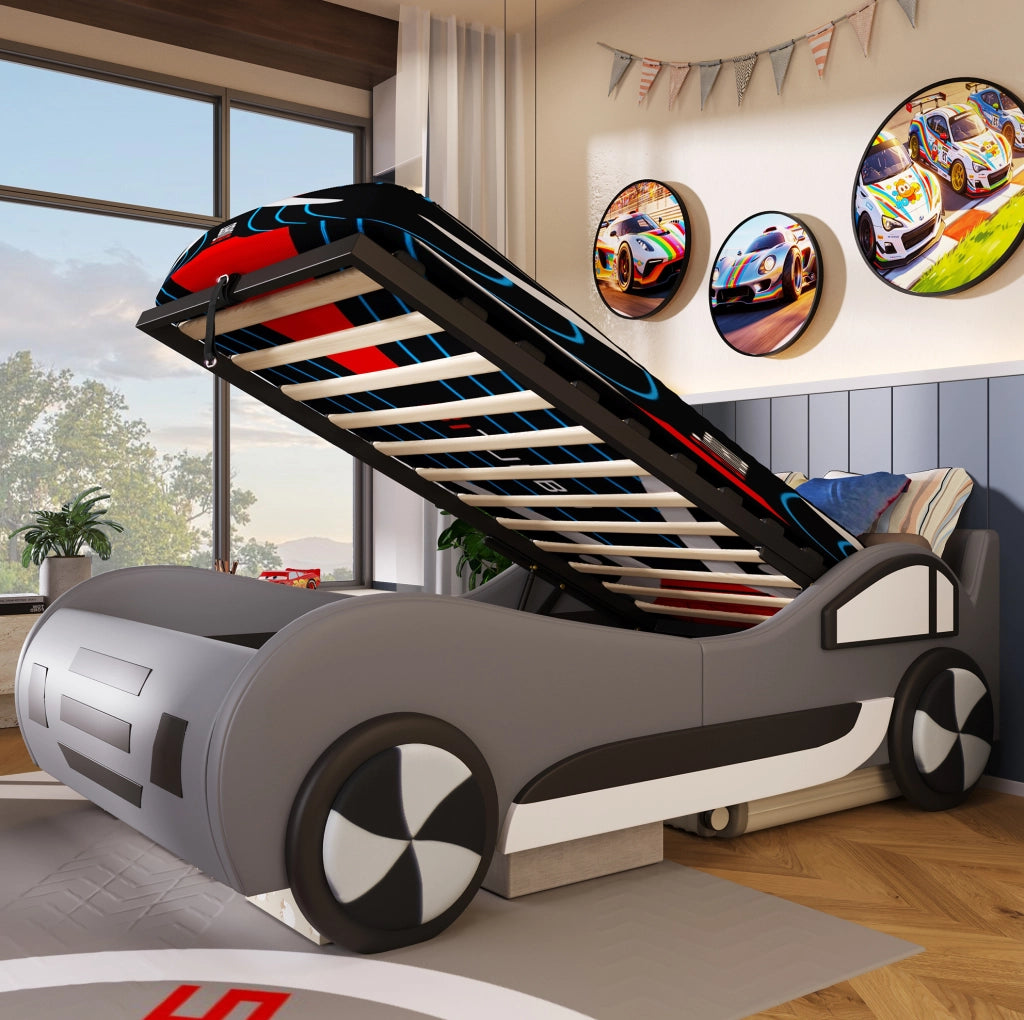 Letto per bambini a forma di auto 90x200 cm con rete e vano contenitore
