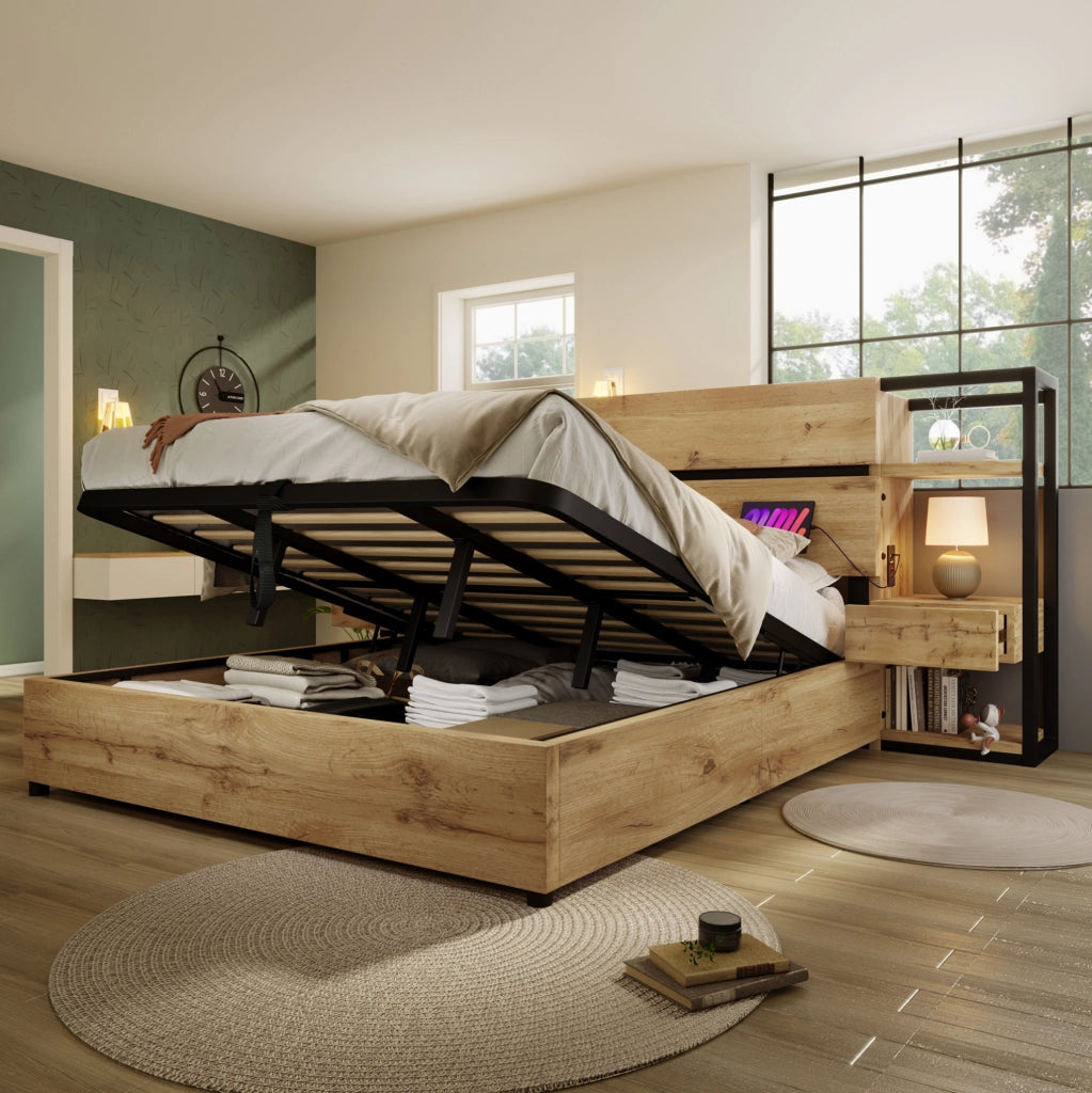 Letto contenitore 160x200 cm in MDF rovere con USB Type-C, senza materasso