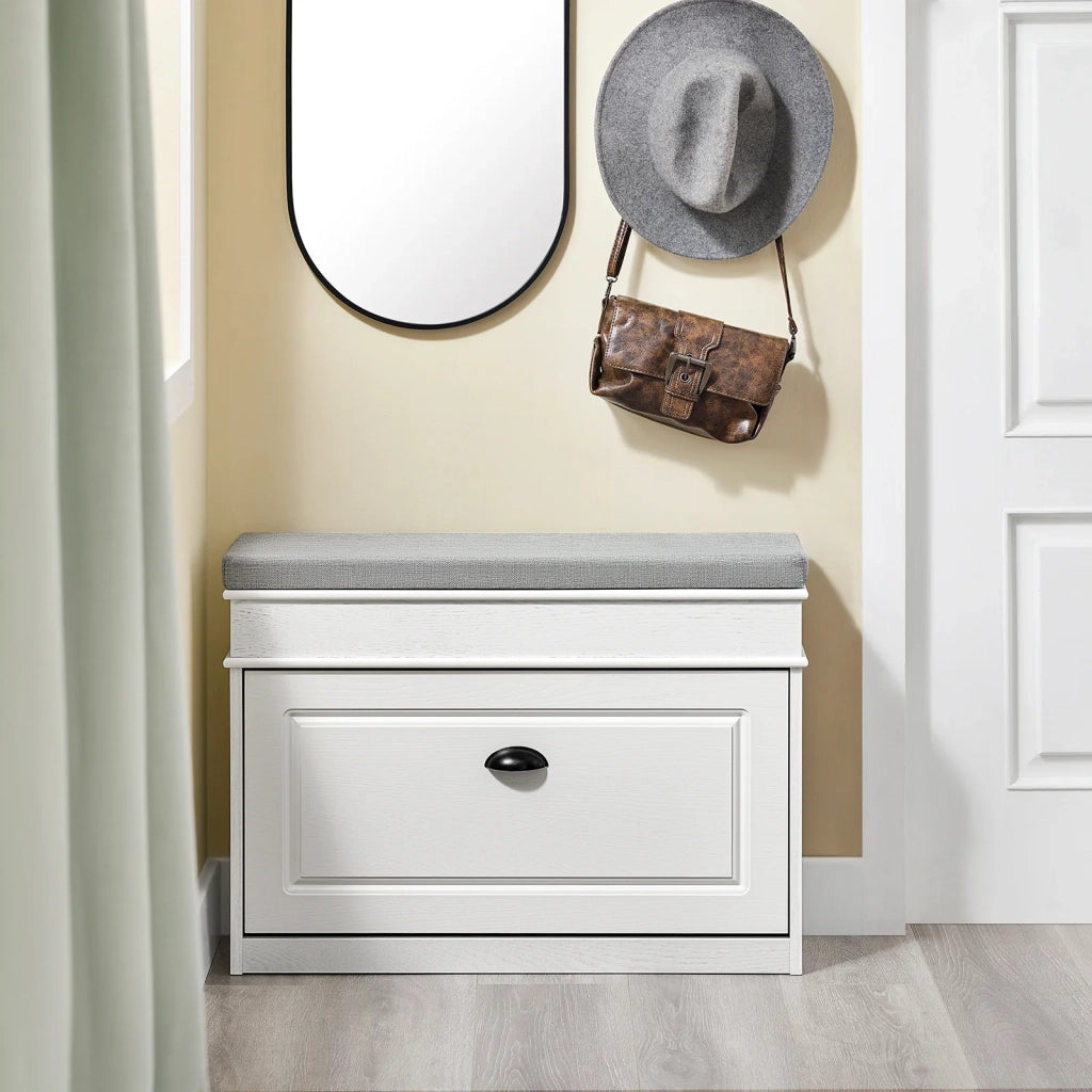 SoBuy FSR82-L-WG Scarpiera Salvaspazio Slim con Seduta Panca Scarpiera da Ingresso Contenitore in Legno Mobile Scarpiera Ingresso per Scarpe, 75x24x51cm Effetto Legno Invecchiato Bianco