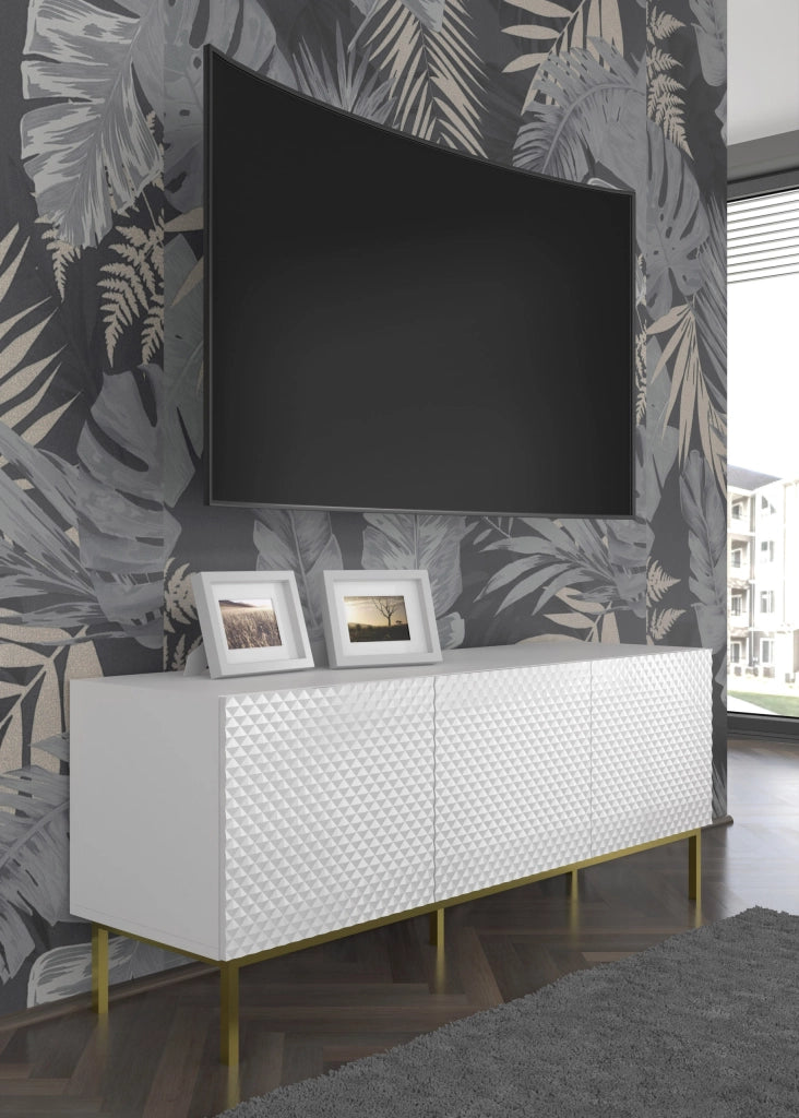 MOBILE RAVENNA C DIAMOND MDF HG PORTA TV 3D 150 BIANCO OPACO LUCIDO CORNICE ORO