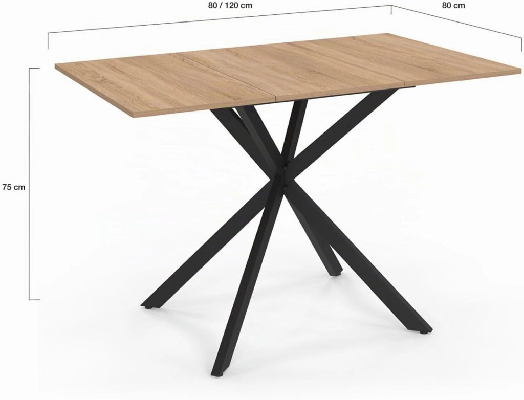 ALIX Tavolo da pranzo quadrato allungabile per 4-6 persone con gamba in legno e ragno nero 80-120 cm