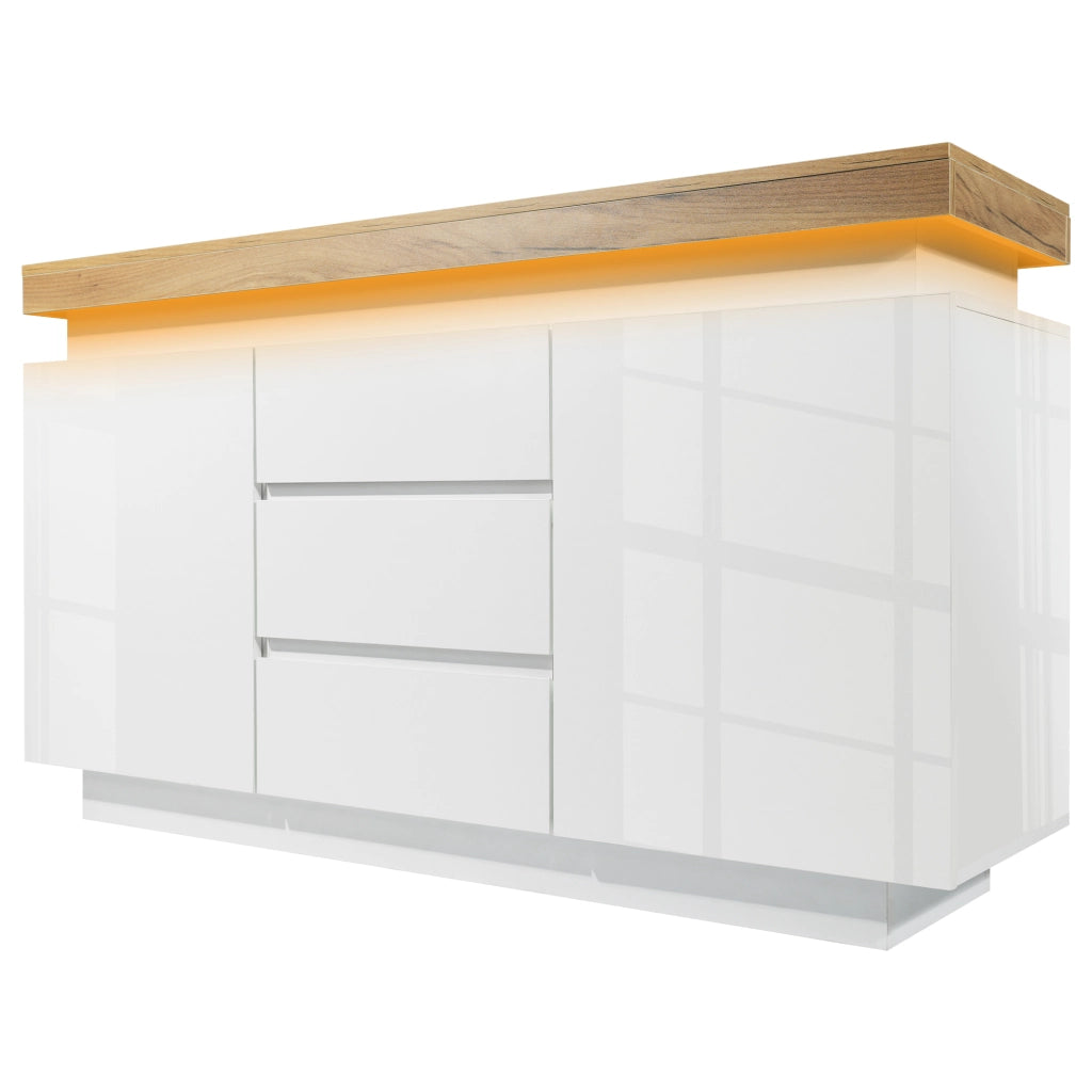 Credenza lucida con 2 ante e 3 cassetti LED controllabile da app per soggiorno e camera bianca 140 × 39 × 81 cm