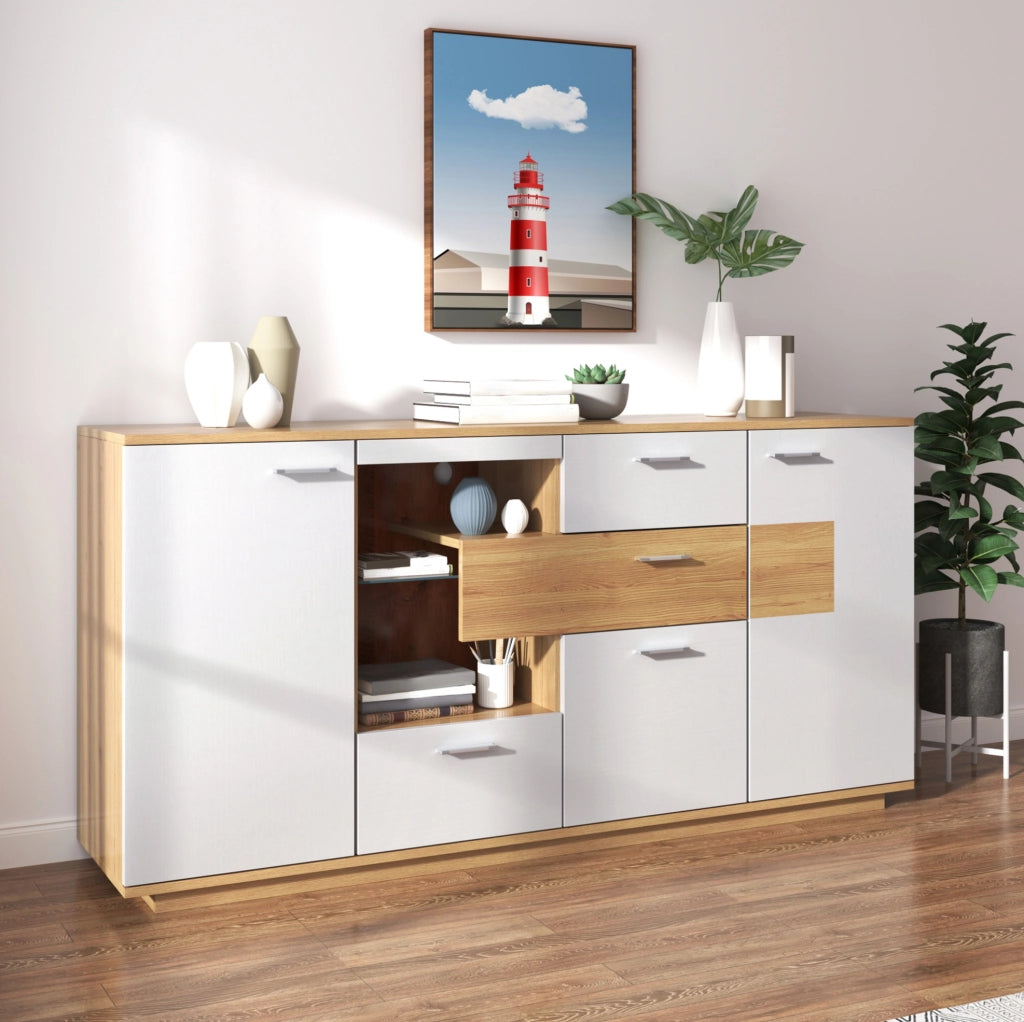 Sideboard 160x40x77 cm con illuminazione LED; 2 porte e 4 cassetti in MDF; naturale e bianco