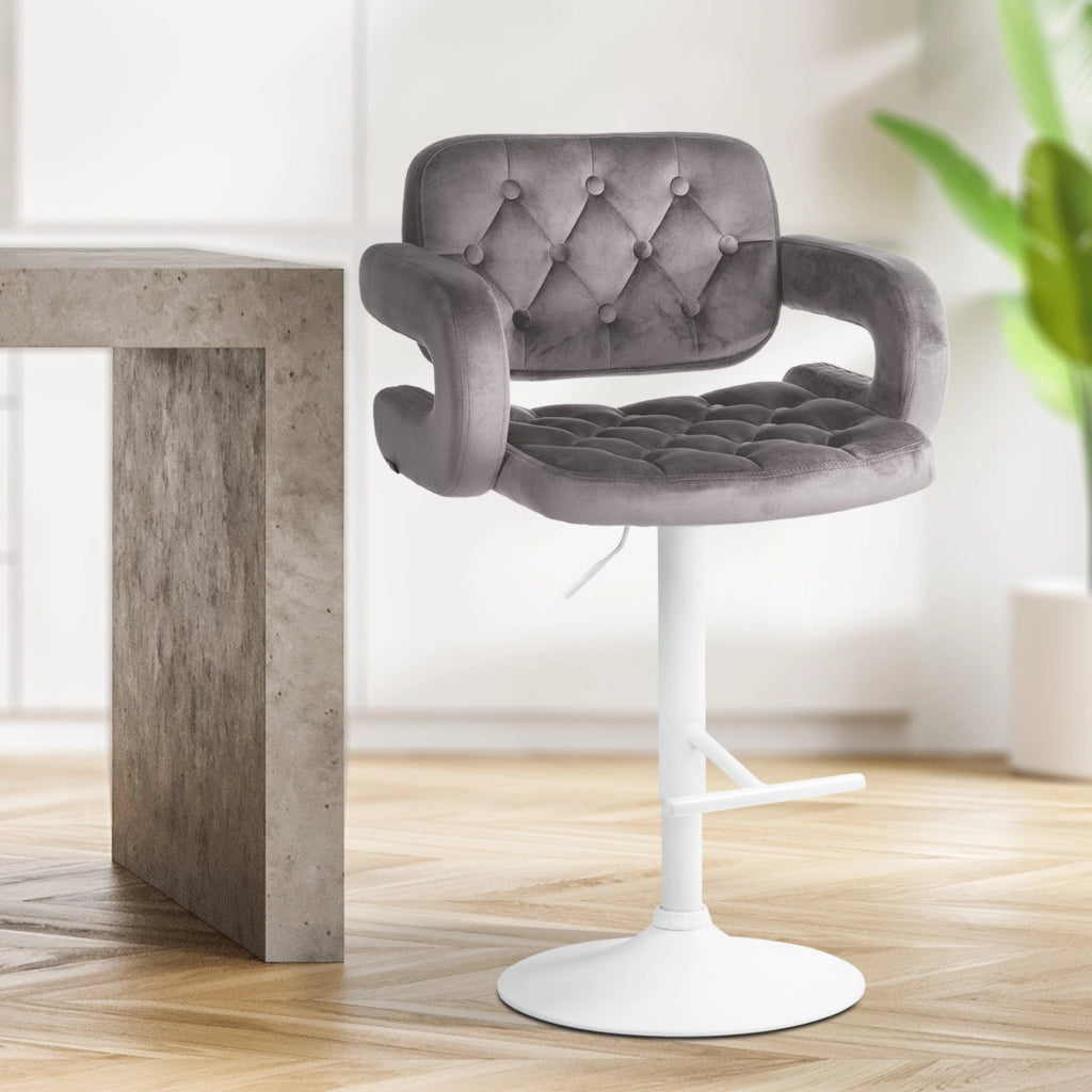 Sgabello da bar in velluto Dublin grigio,Metallo bianco opaco