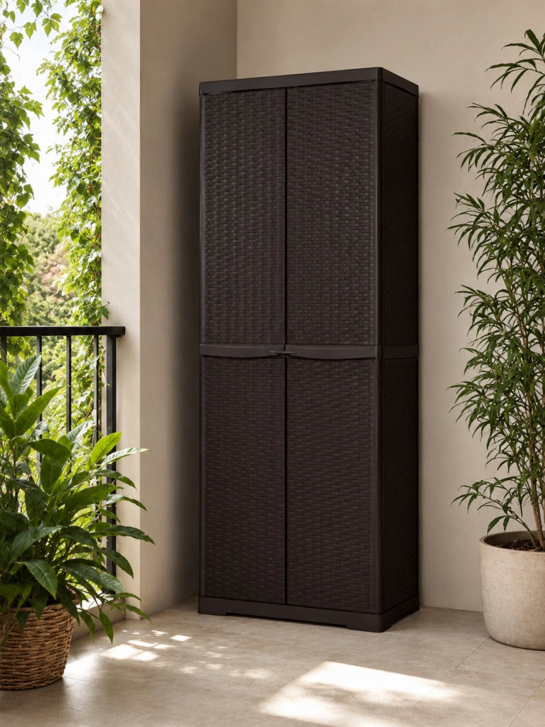 MOBILETTO IN POLIPROPILENE 4 RIPIANI IN RATTAN H.178- L cm. 65 x P cm. 45 Wengè- TRIOP- pezzi 1