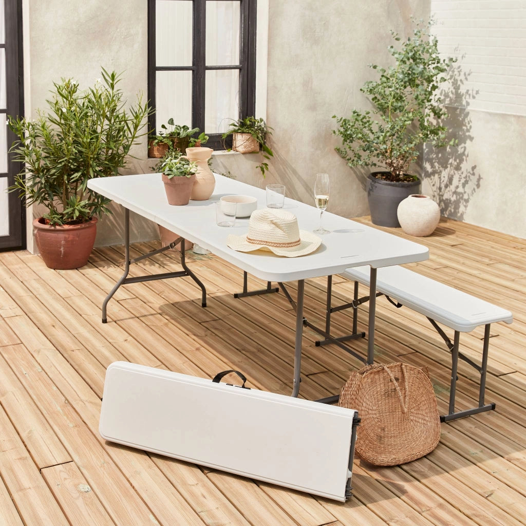 Set tavolo da ricevimento pieghevole in plastica con 2 panche, bianco