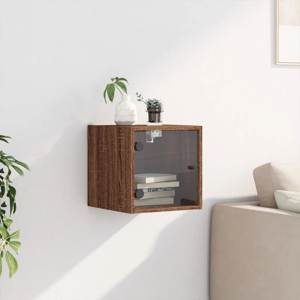 Comodino con Anta in Vetro Rovere Marrone 35x37x35 cm 836474