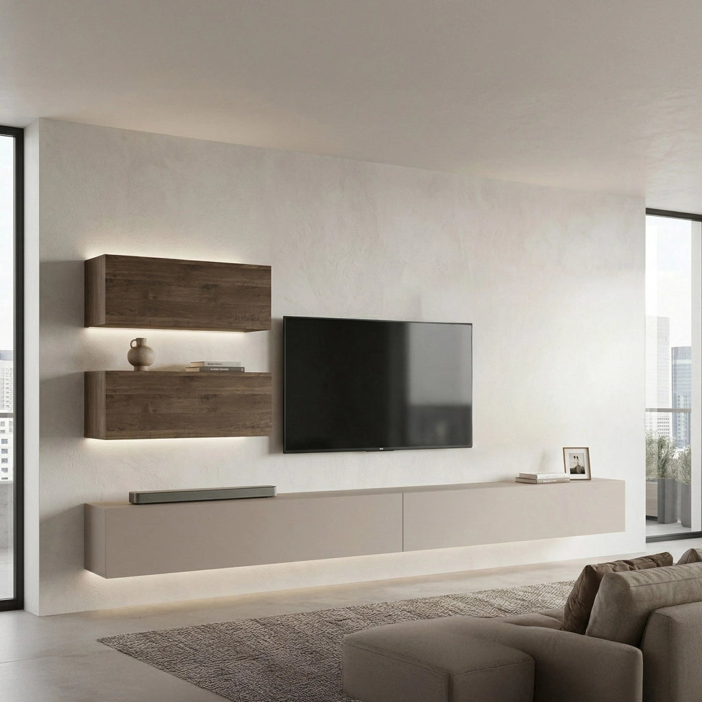 Mobile Soggiorno Suisio, Parete Attrezzata 4 Ripiani, Beige
