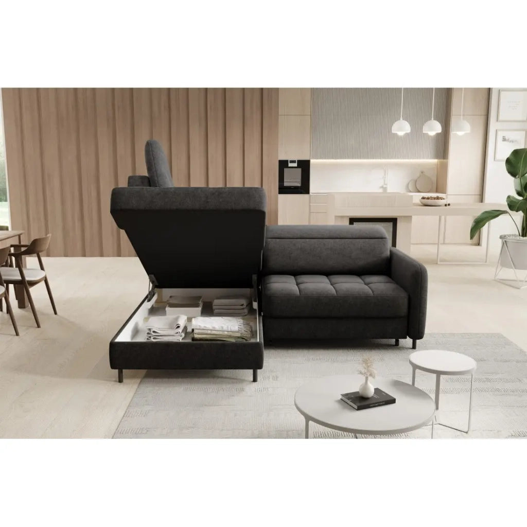 Divano ad angolo sinistro convertibile BARNEA 208 cm grigio scuro con contenitore