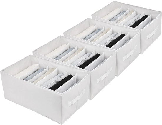 Sistema di armadietto 4 contenitori, grande formato, 6 grucce, sistema di stoccaggio per abbigliamento, jeans, pantaloni, camicie, scatole di stoccaggio pieghevoli XL (bianche)