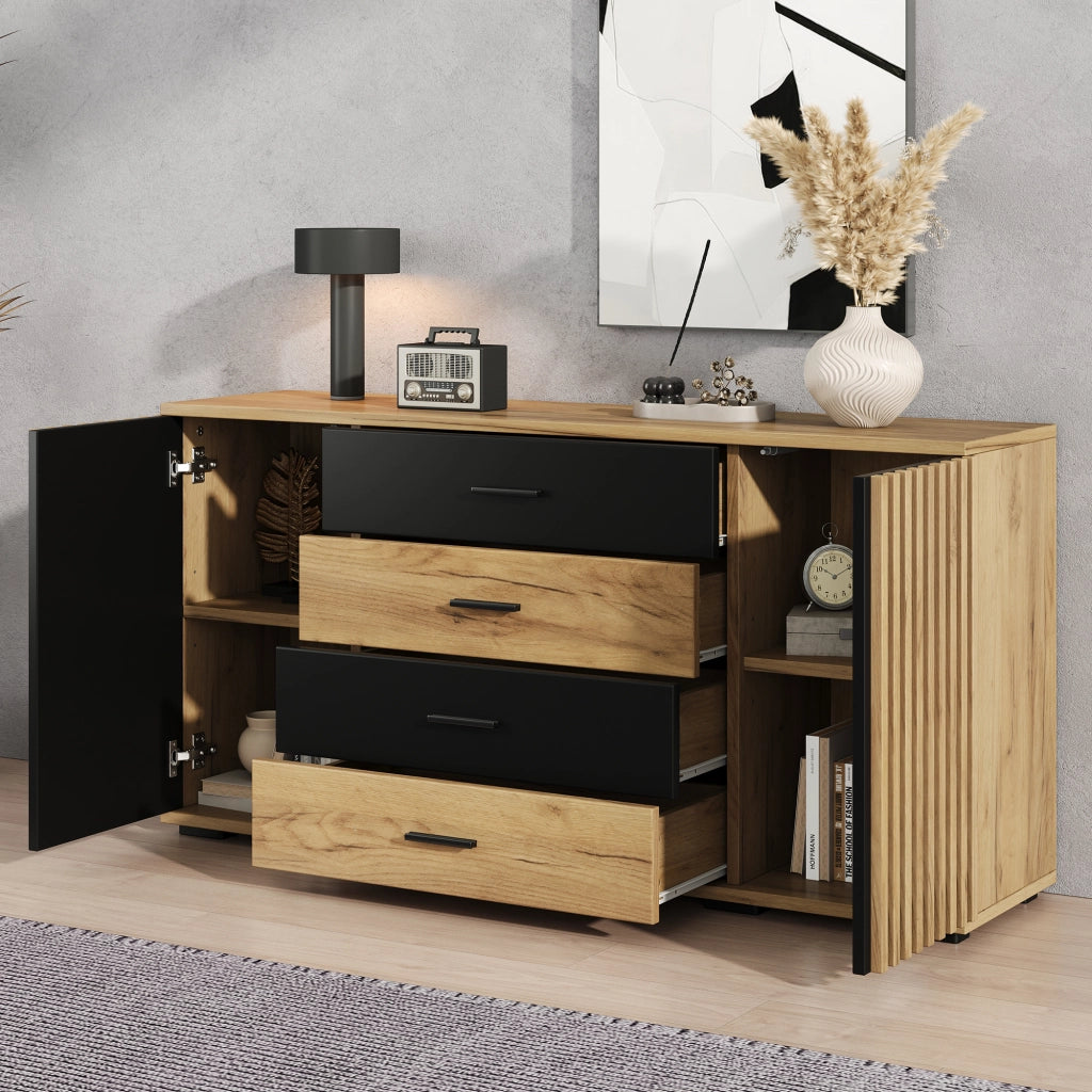 Credenza con 4 cassetti e 2 ante per soggiorno in MDF 140×35×70 cm nero e rovere