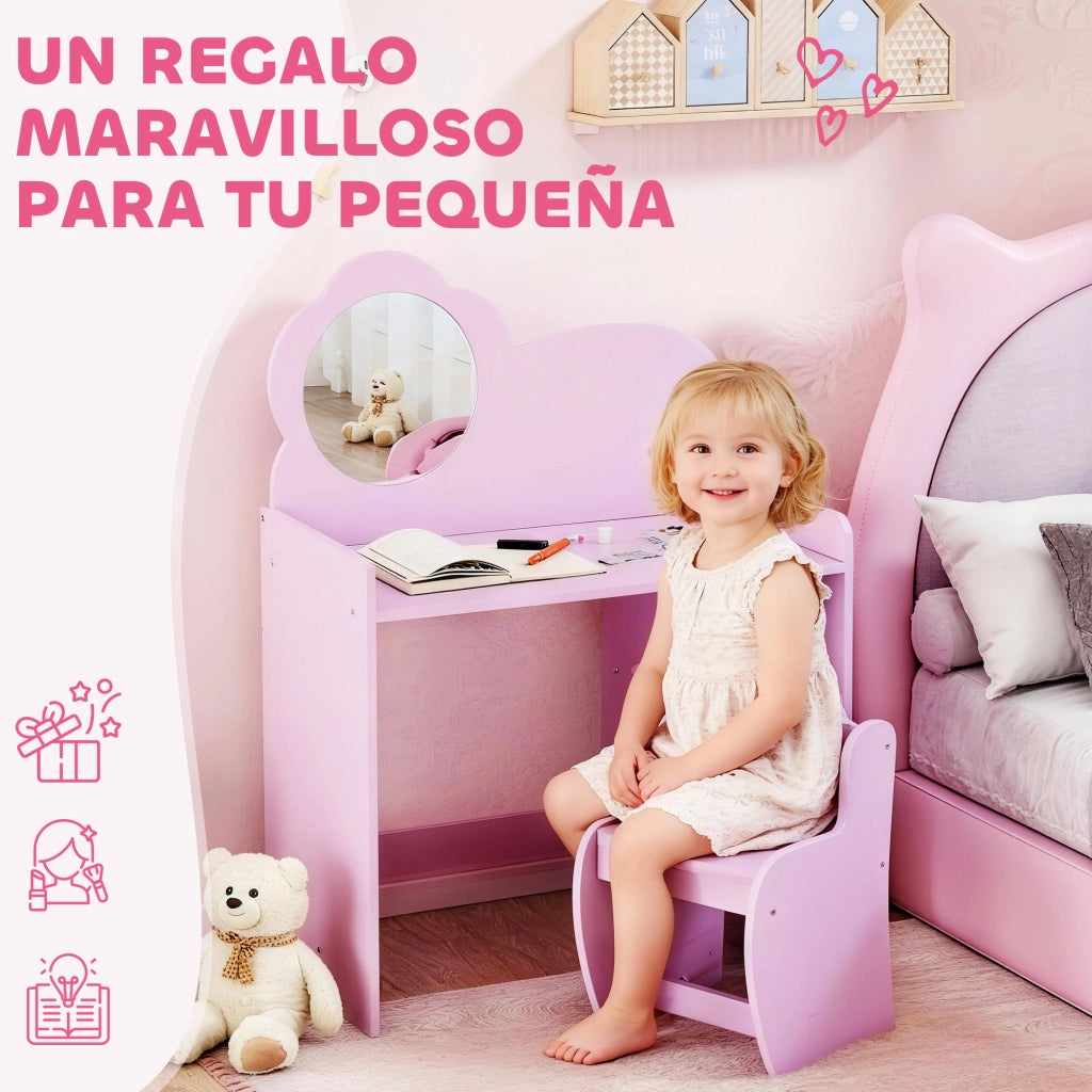 Tavolino da trucco con specchio a forma di fiore e sgabello ¨C Xylo ¨C Rosa con scaffale