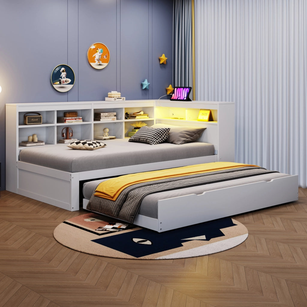 Divano letto singolo in legno con letto estraibile, USB, LED e ripiani laterali, bianco, 90 × 200 cm