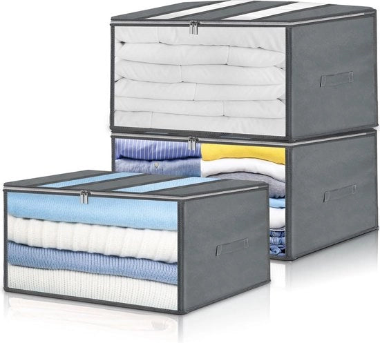 Pacco di 3 borse di 94 L, grande organizzazione per capi d'abbigliamento, scatola di stoccaggio pieghevole con coperchio per abiti, coperte, lenzuola (grigio)
