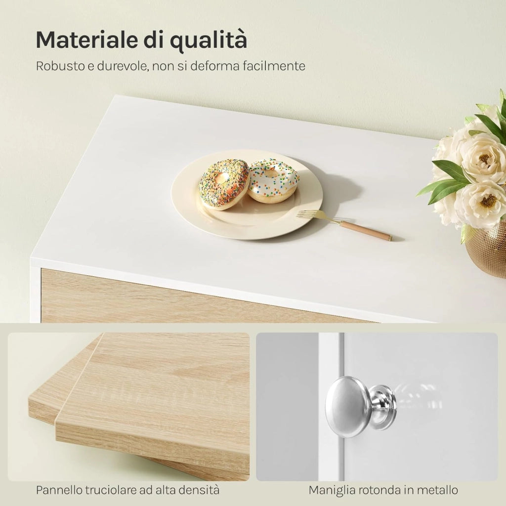 Credenza Cucina con Cassetto e Scomparti Aperto e Chiusi, Mobile Buffet con 1 Anta Trasparente, per Soggiorno, Cucina, in Legno, 100x40x80 cm, Rovere Chiaro+Bianco