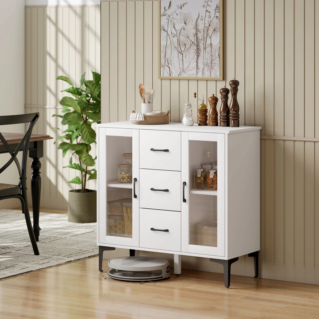 Cassettiera Moderna con Ante Vetro e 3 Cassetti ¨C Zephmum ¨C Bianco in MDF 80x40x100