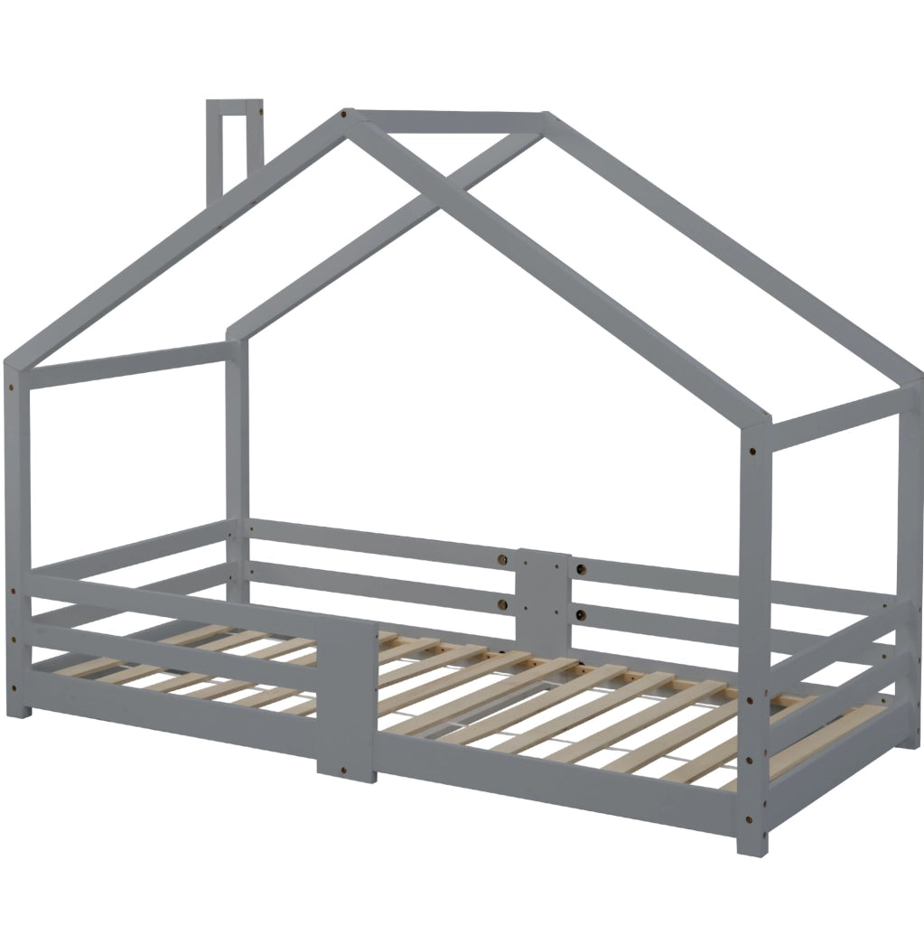 Lettino a casetta per bambini 90x200 cm in legno massello di pino; grigio