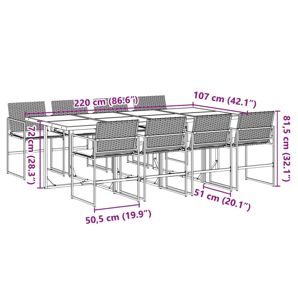 Set da Pranzo da Giardino 9 pz con Cuscini Nero in Polyrattan